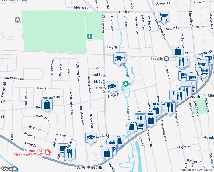 map of restaurants, bars, coffee shops, grocery stores, and more near 123 Cherry Avenue in West Sayville