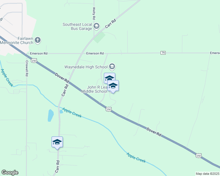 map of restaurants, bars, coffee shops, grocery stores, and more near 9050 Dover Road in Apple Creek