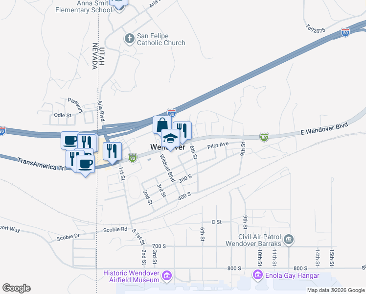 map of restaurants, bars, coffee shops, grocery stores, and more near 9th Street in Wendover