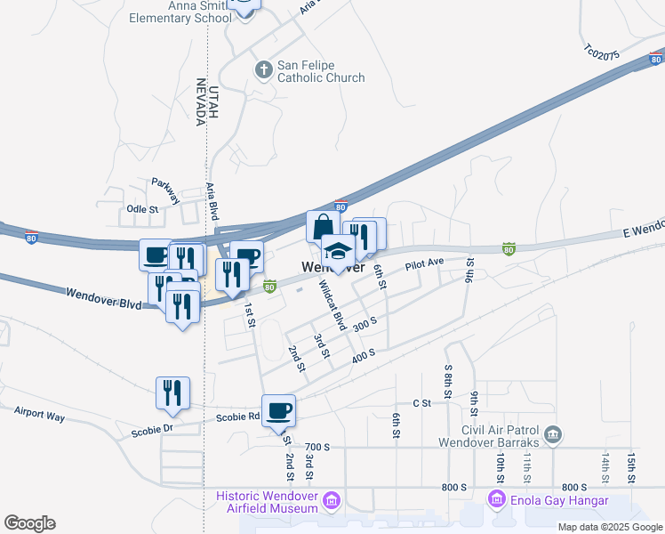 map of restaurants, bars, coffee shops, grocery stores, and more near in Wendover