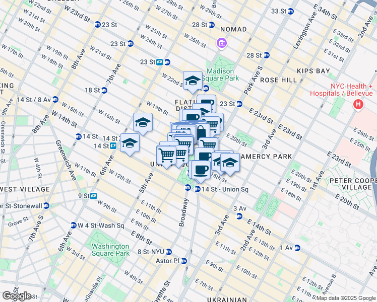 map of restaurants, bars, coffee shops, grocery stores, and more near 18 East 16th Street in New York