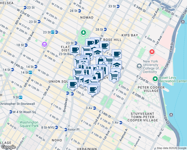 map of restaurants, bars, coffee shops, grocery stores, and more near 129 East 19th Street in New York