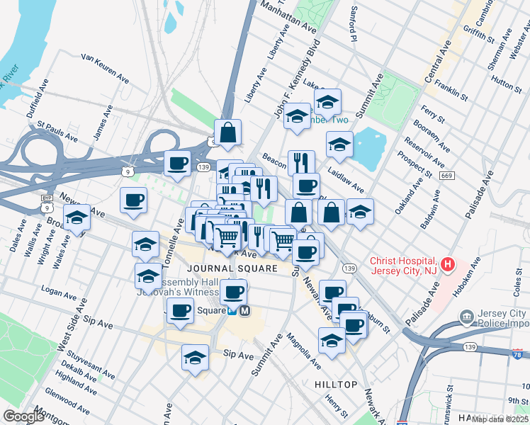 map of restaurants, bars, coffee shops, grocery stores, and more near 225 Saint Pauls Avenue in Jersey City