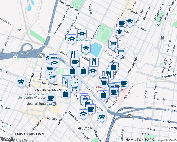 map of restaurants, bars, coffee shops, grocery stores, and more near 135 Hopkins Avenue in Jersey City