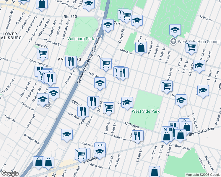 map of restaurants, bars, coffee shops, grocery stores, and more near 191 21st Street in Irvington