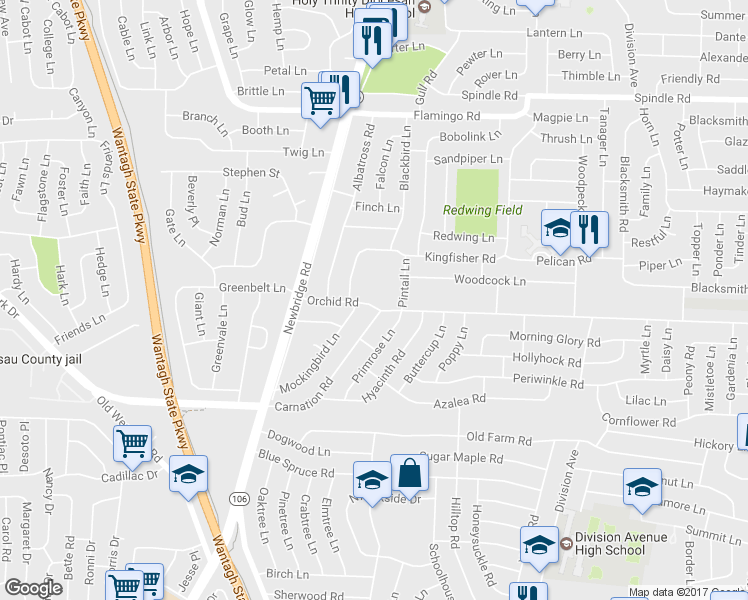 map of restaurants, bars, coffee shops, grocery stores, and more near 39 Orchid Road in Levittown