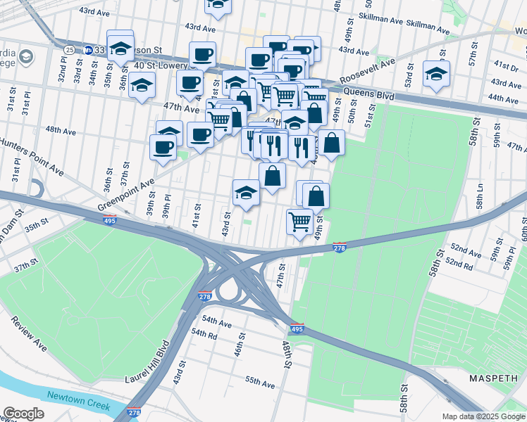 map of restaurants, bars, coffee shops, grocery stores, and more near 50-12 46th Street in Queens
