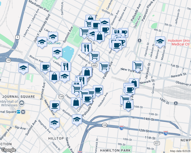 map of restaurants, bars, coffee shops, grocery stores, and more near 36 Jefferson Avenue in Jersey City