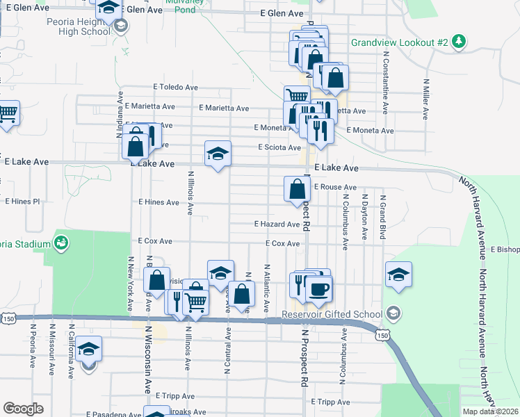 map of restaurants, bars, coffee shops, grocery stores, and more near 1110 East Hines Avenue in Peoria Heights