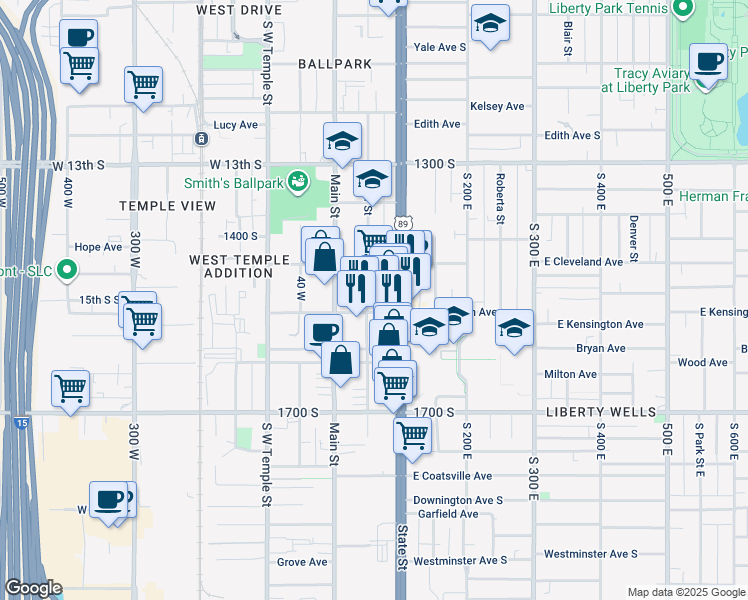 map of restaurants, bars, coffee shops, grocery stores, and more near 1485 Major Street East in Salt Lake City