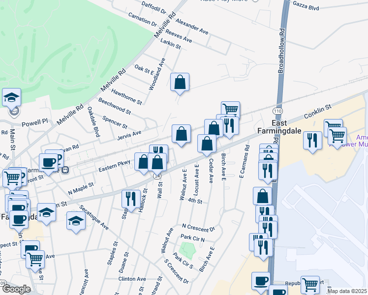 map of restaurants, bars, coffee shops, grocery stores, and more near 855 Conklin St in Farmingdale