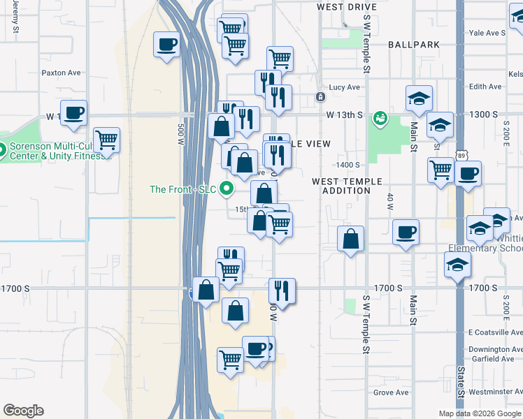 map of restaurants, bars, coffee shops, grocery stores, and more near 309 15th South Street in Salt Lake City