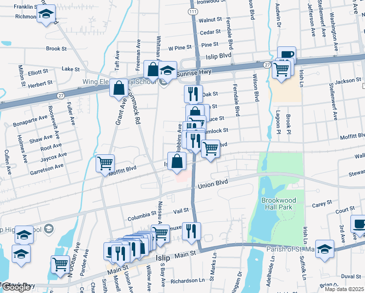 map of restaurants, bars, coffee shops, grocery stores, and more near 15 Robbins Avenue in Islip