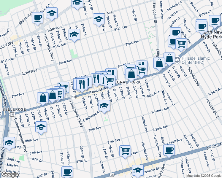 map of restaurants, bars, coffee shops, grocery stores, and more near 84-19 261st Street in Queens