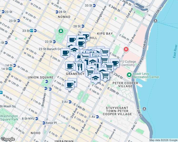 map of restaurants, bars, coffee shops, grocery stores, and more near 224 East 21st Street in New York