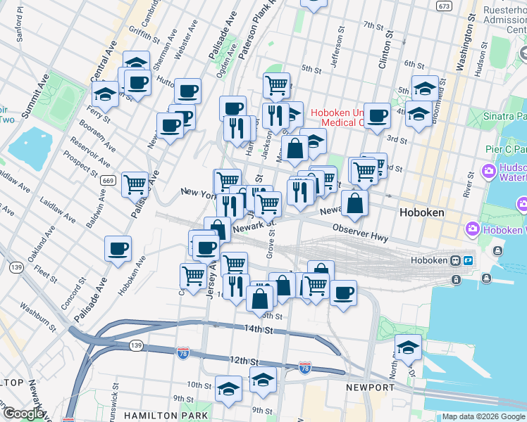 map of restaurants, bars, coffee shops, grocery stores, and more near 601 Observer Highway in Hoboken