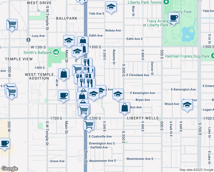 map of restaurants, bars, coffee shops, grocery stores, and more near 1495 South 200 East in Salt Lake City