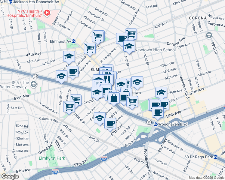 map of restaurants, bars, coffee shops, grocery stores, and more near 8629 Broadway in Queens