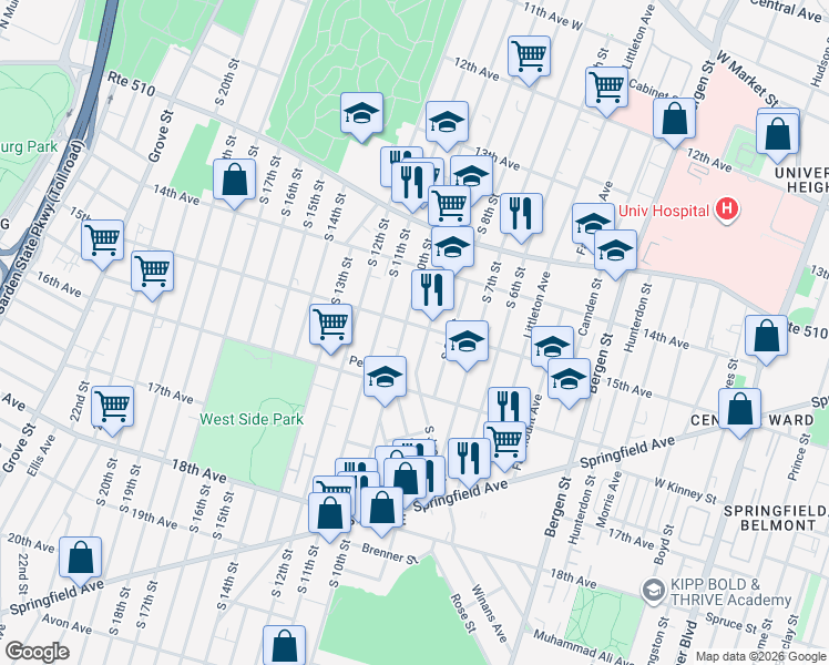 map of restaurants, bars, coffee shops, grocery stores, and more near 449 South 10th Street in Newark