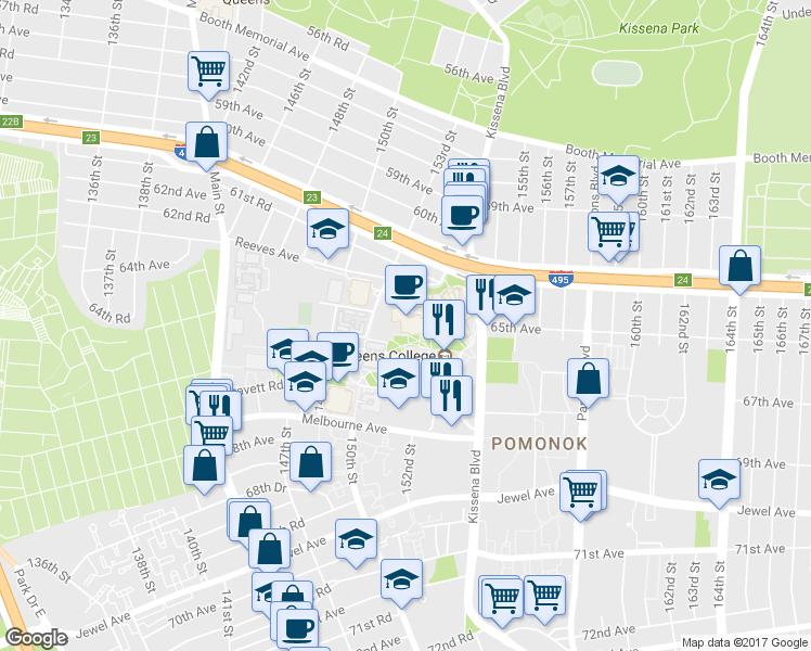 map of restaurants, bars, coffee shops, grocery stores, and more near 65-36 Kissena Blvd in Queens