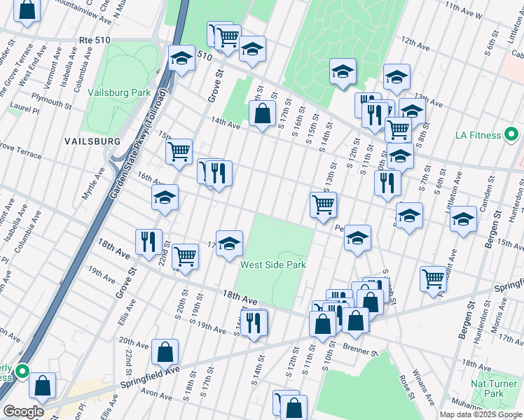 map of restaurants, bars, coffee shops, grocery stores, and more near 267 16th Avenue in Newark