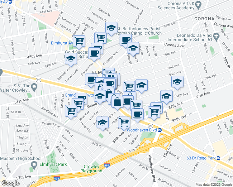 map of restaurants, bars, coffee shops, grocery stores, and more near 8629 Broadway in Queens