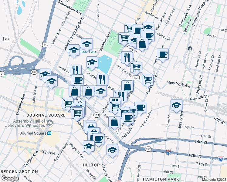 map of restaurants, bars, coffee shops, grocery stores, and more near 79 Laidlaw Avenue in Jersey City