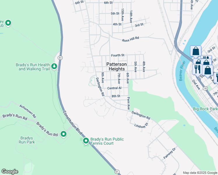 map of restaurants, bars, coffee shops, grocery stores, and more near 66 Darlington Road in Beaver Falls