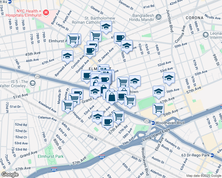 map of restaurants, bars, coffee shops, grocery stores, and more near 8629 Broadway in Queens