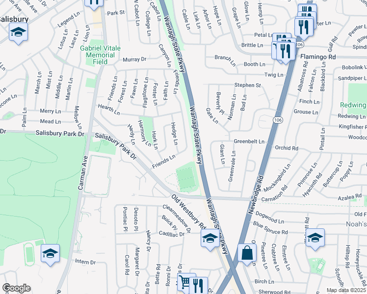 map of restaurants, bars, coffee shops, grocery stores, and more near 216 Friends Lane in Westbury
