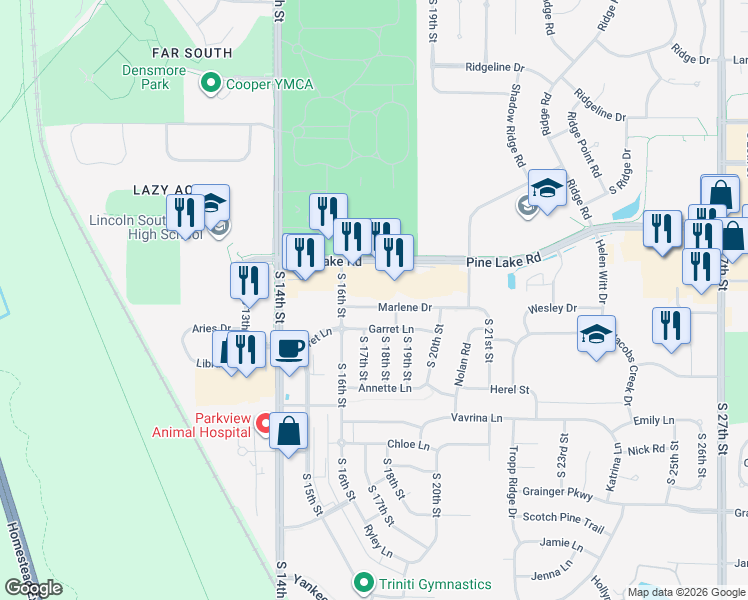 map of restaurants, bars, coffee shops, grocery stores, and more near 1700 Marlene Drive in Lincoln