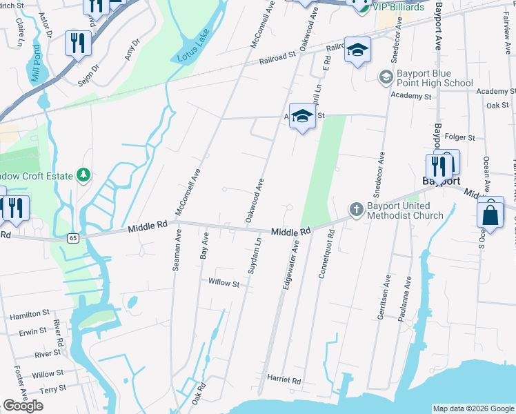 map of restaurants, bars, coffee shops, grocery stores, and more near 35 Oakwood Avenue in Bayport