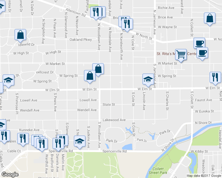 map of restaurants, bars, coffee shops, grocery stores, and more near 1298 West Elm Street in Lima