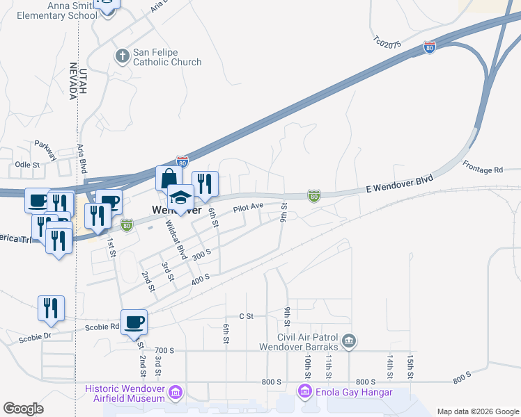 map of restaurants, bars, coffee shops, grocery stores, and more near 800 Pilot Avenue in Wendover
