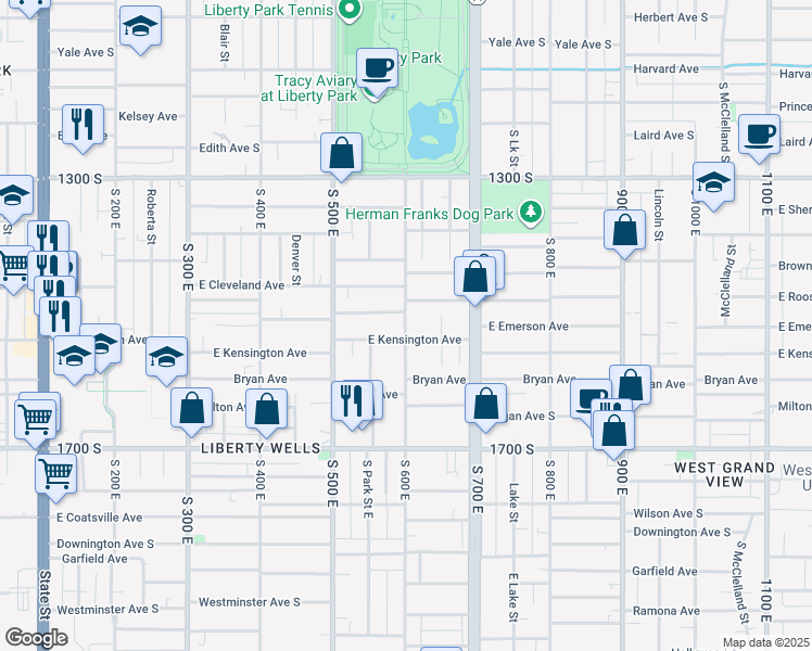 map of restaurants, bars, coffee shops, grocery stores, and more near 571 Kensington Avenue in Salt Lake City