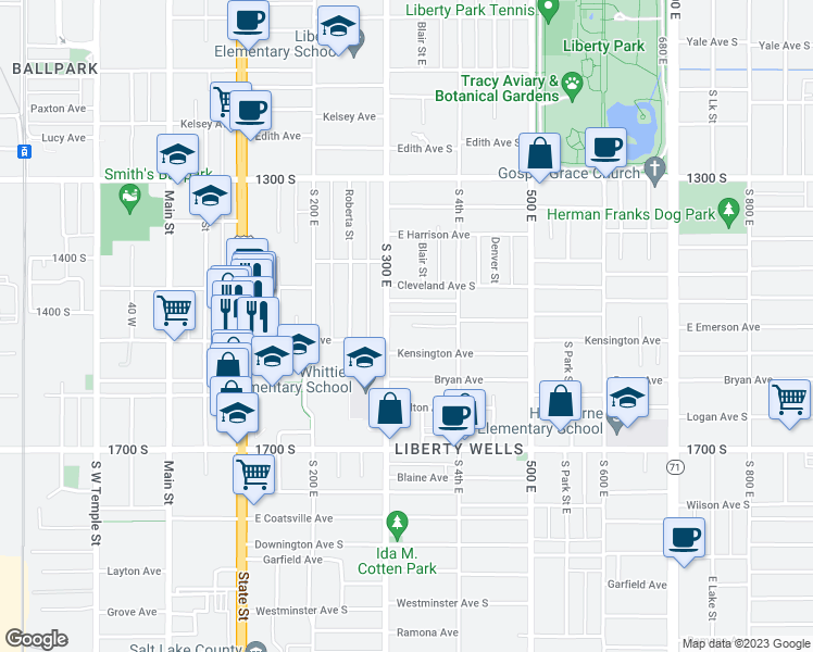 map of restaurants, bars, coffee shops, grocery stores, and more near 1490 South 400 East in South Salt Lake