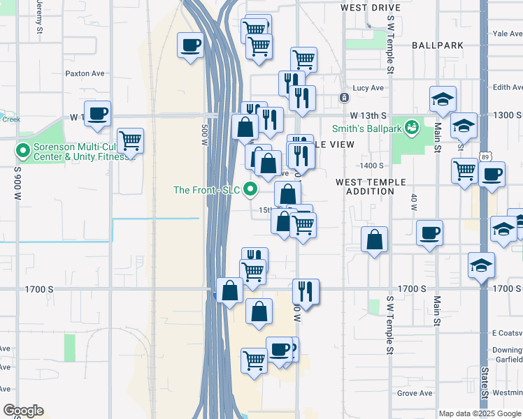 map of restaurants, bars, coffee shops, grocery stores, and more near 365 1500 South in Salt Lake City