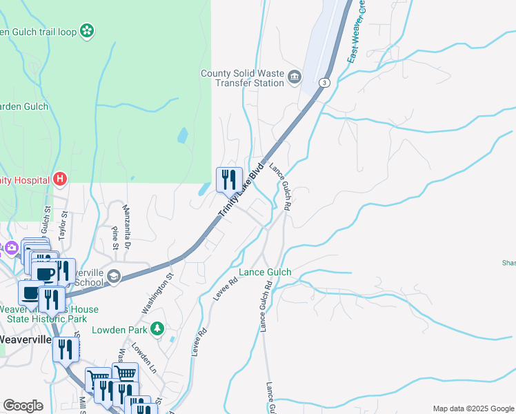 map of restaurants, bars, coffee shops, grocery stores, and more near 31540 California 3 in Weaverville