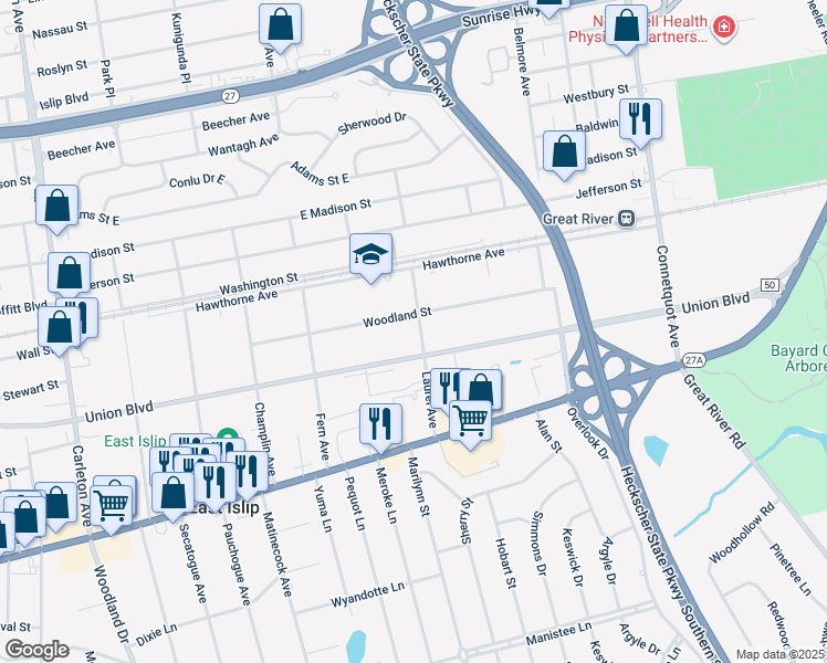 map of restaurants, bars, coffee shops, grocery stores, and more near 60 Woodland Street in East Islip