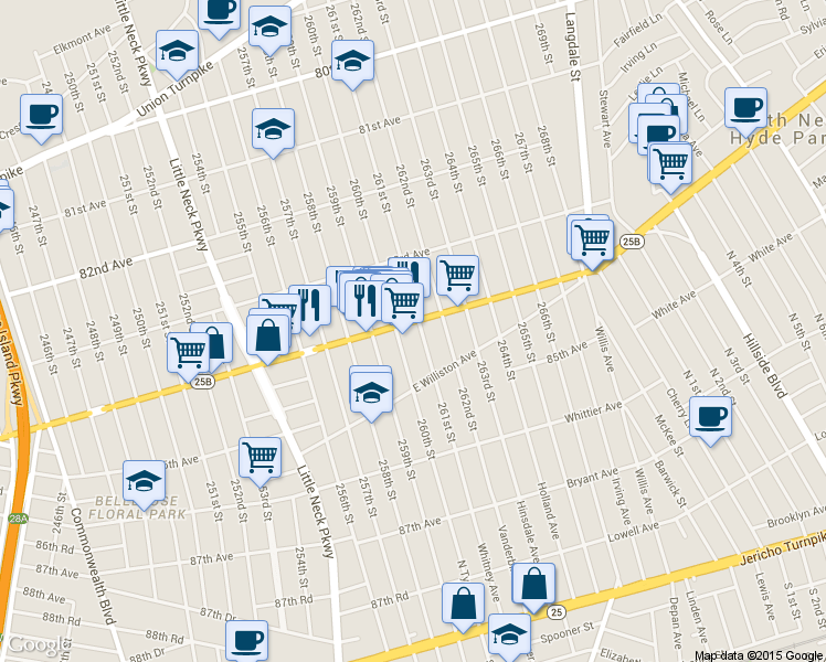 map of restaurants, bars, coffee shops, grocery stores, and more near 84-19 261st Street in Queens