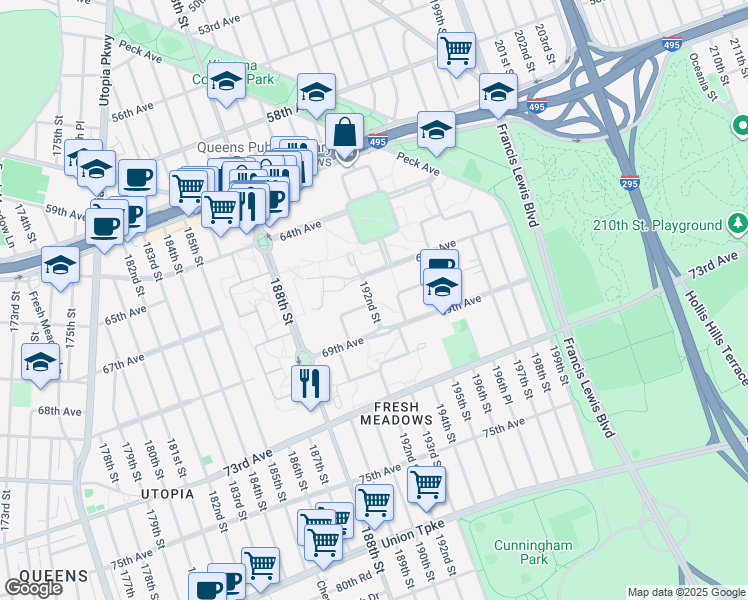 map of restaurants, bars, coffee shops, grocery stores, and more near 67-40 193rd Lane in Queens
