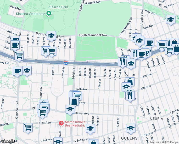 map of restaurants, bars, coffee shops, grocery stores, and more near 61-43 167th Street in Queens