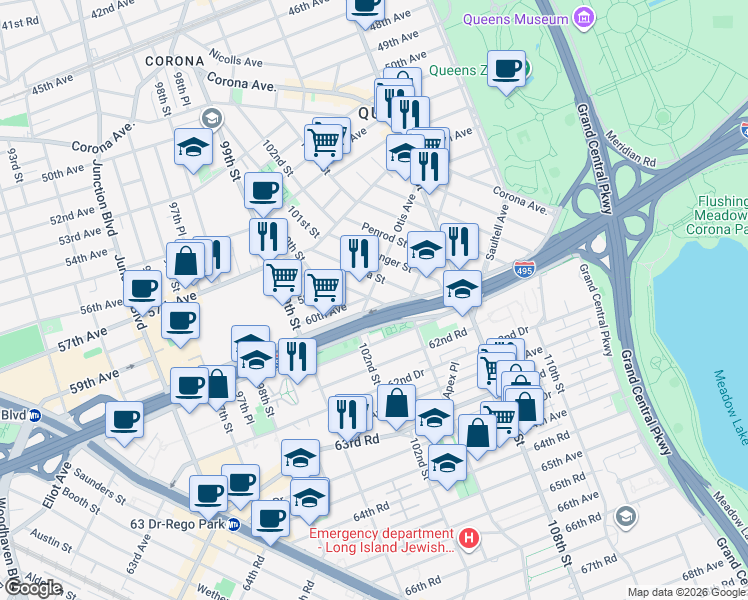 map of restaurants, bars, coffee shops, grocery stores, and more near 102-23 Horace Harding Expressway in Queens