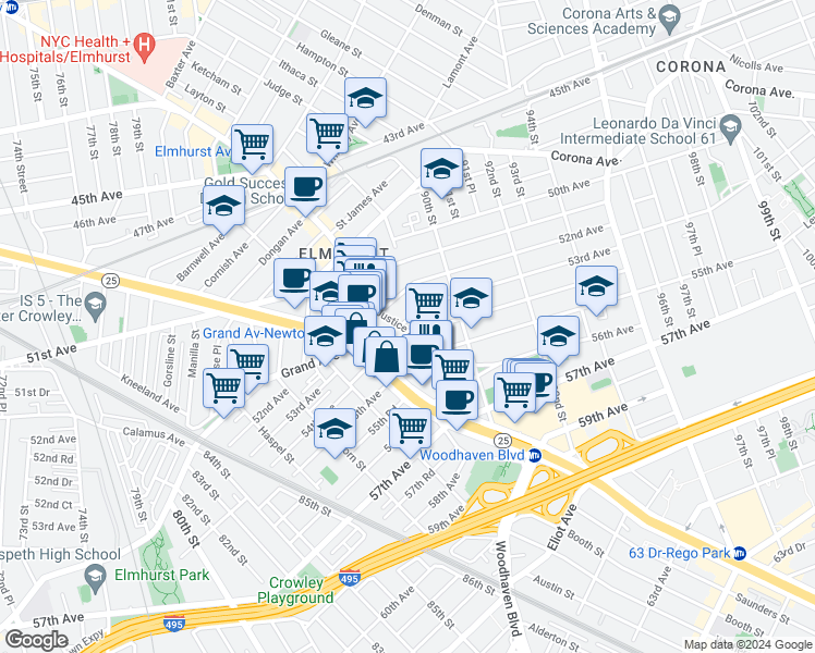 map of restaurants, bars, coffee shops, grocery stores, and more near 88-10 54th Avenue in Queens