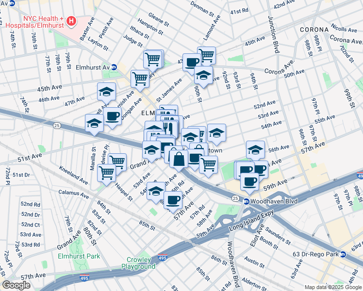 map of restaurants, bars, coffee shops, grocery stores, and more near 8629 Broadway in Queens