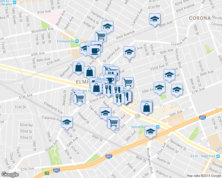map of restaurants, bars, coffee shops, grocery stores, and more near 8629 Broadway in Queens