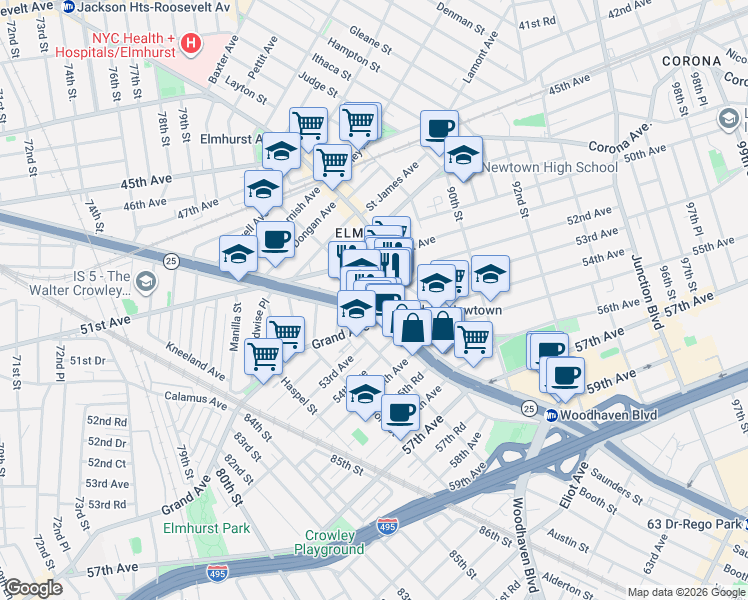 map of restaurants, bars, coffee shops, grocery stores, and more near in Queens