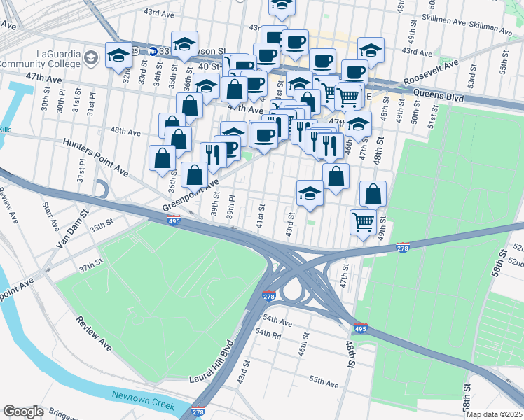 map of restaurants, bars, coffee shops, grocery stores, and more near 50-31 41st Street in Queens