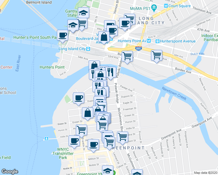 map of restaurants, bars, coffee shops, grocery stores, and more near 52 Box Street in Brooklyn