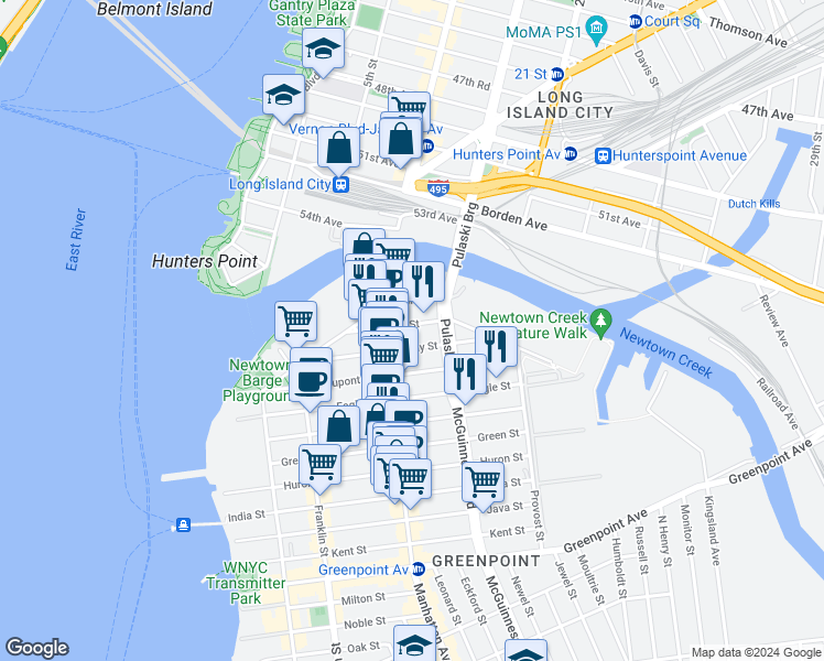map of restaurants, bars, coffee shops, grocery stores, and more near 52 Box Street in Brooklyn